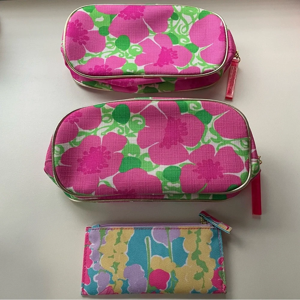 Lilly Pulitzer Estée Lauder Travel Cosmetic Bag Set Floral Pink and Green - Picture 2 of 7